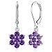 Sterling Silver Genuine African Amethyst Flower Leverback Dangle Earrings
