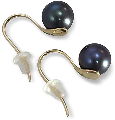 HinsonGayle AAA GEM 8-8.5mm Black Round Freshwater Cultured Pearl Dangle Earrings 14K Gold