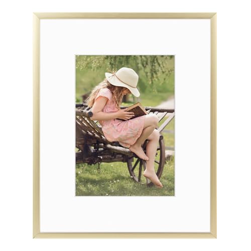 Frametory, 8x10 Aluminum Picture Frame - 8 x 10 Gold Frame with Removable Mat for 5 x 7 Photo - 8 by 10 Durable Metal Frame with Real Glass - Sawtooth Hanger for Easy Wall Display - 1 Pack