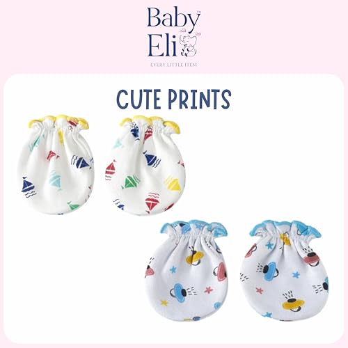 Image of Baby Eli Cotton Newborn Mittens (Picot Wrist) Set of 6 for Baby Boys & Girls 0-6 Months | Soft and Cozy Unisex Infant Gloves | Assorted Baby Hand Gloves | Adjustable Scratch Protection