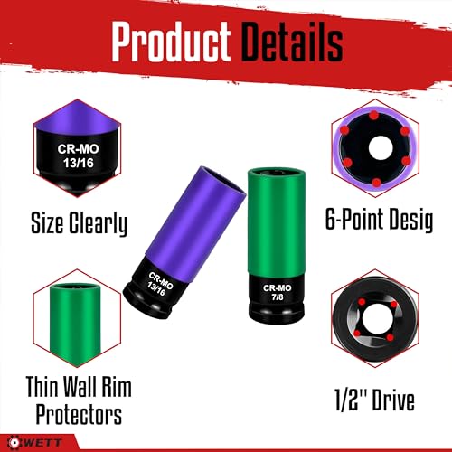 WETT 1/2-Inch Drive Lug Nut Socket Set, 5-Piece Wheel Protector Thin Wall Deep Impact Socket with Color-Coded Protective, (Metric 17mm, 19mm, 21mm & SAE 13/16\" 7/8\") CR-MO Steel, 6 Point, Non-Marring - Thumbnail 3