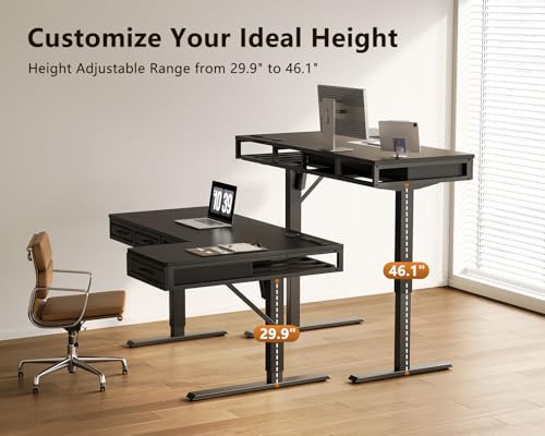 Image of OffiGo 55 Inch L Shaped Standing Desk with 4 Wooden Drawers, Black