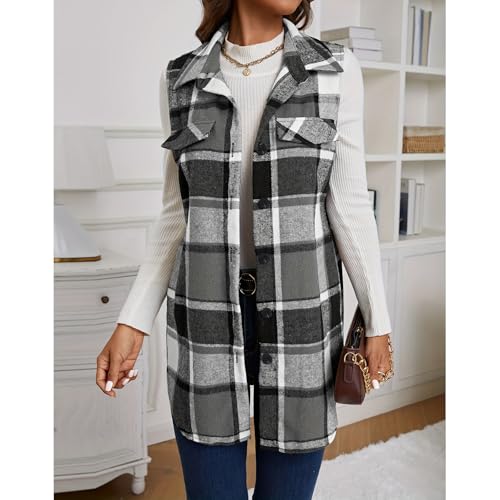 Womens Plaid Vest Fall Flannel Vest Casual Button Down Shirts Sleeveless Long Jacket Lightweight Lapel Neck Coat4