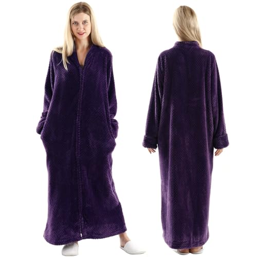 Oksun Albornoz de forro polar para mujer, talla grande, largo completo, con cremallera, Sin capucha, color morado, 14-20