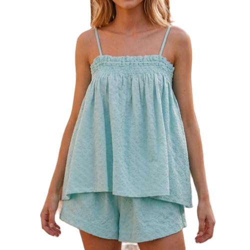 Image of SOOKABEILA Women 2 Piece Lounge Set Sleeveless Striped Cami Peplum Top Boxer Shorts Loose Ruffle Matching Pj Sets Outfits