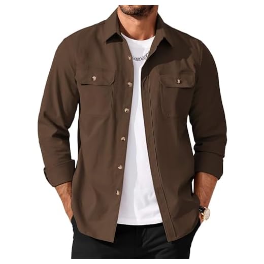 COOFANDY Jaqueta masculina casual abotoada, manga comprida, leve, com bolsos de aba, Marrom, 3G