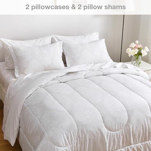 Image of lasoftan Floral King Comforter Set with Sheets, 7 Piece Luxury Vintage Bedding, Soft Microfiber Bed in a Bag, Cozy Lightweight Bed Set, Light Gold Leaf Flower