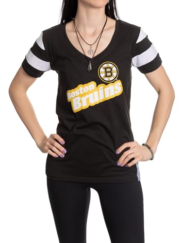 Calhoun NHL Womens Retro Varsity Short Sleeve Cotton V-Neck T-Shirt (Boston Bruins, X-Large)