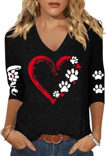 CGTPI Womens Dog Paw Print Heart V Neck Shirt Valentine Funny Love Heart Graphic 3/4 Sleeve Tee Casual Couple Tops(M,Black01)