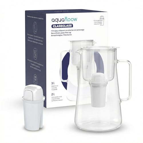 Aquafloow Caraffa filtrante vetro, borosilicato 3L, senza BPA, Caraffa premium, lavabile in lavastoviglie, con cartuccia filtro – riduce calcare e cloro, nessun retrogusto in plastica, bianco