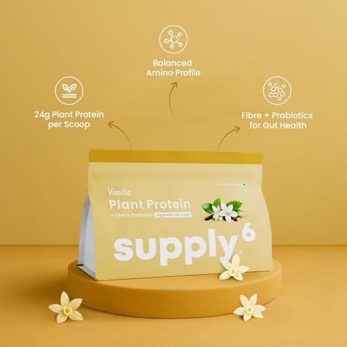 Image of Supply6 Plant Protein Powder | 24g Vegan Protein for Muscle Gain & Recovery | Pea & Rice Protein | No Bloating, Easy Digestion | With Probiotics & Fibre | Zero Sugar (500g, Vanilla)