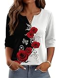 AKEWEI 3/4 Length Sleeve Womens Tops V Neck Tshirts Blouses for Women Dressy Casual Spring Tops for Women Black Red Rose Floral XL
