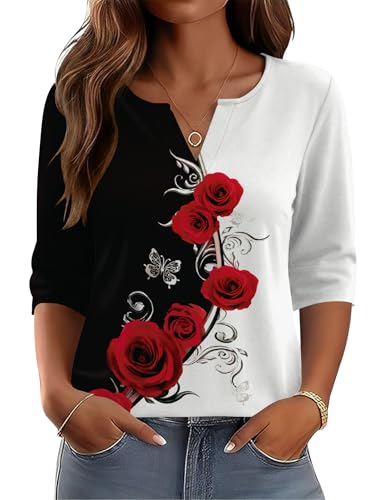 AKEWEI 3-4 Length Sleeve Womens Tops V Neck Tshirts Blouses for Women Dressy Casual Spring Tops for Women Black Red Rose Floral XL