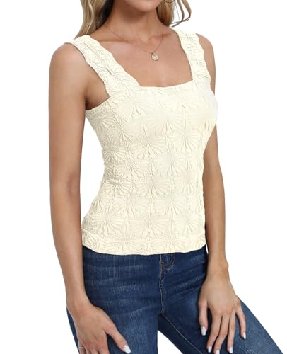 DouBCQ Women Cute Crop Tank Top Square Neck Vest Floral Cami Beige/Green S — view 2