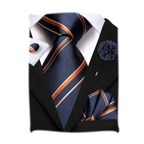Image of Hi-Tie Men Silk Ties Set with Flower Lapel Pin Necktie Pocket Square Cufflinks for Tuxedo Wedding Business