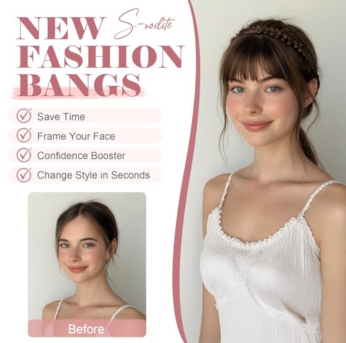 S-noilite Headband with Bangs, Front Hair Bangs Wigs Headband, Synthetic Braided Headband Wig with Bangs Fringe Hair Extensions Hairpiece for Women Girls - Light Brown - Image 3
