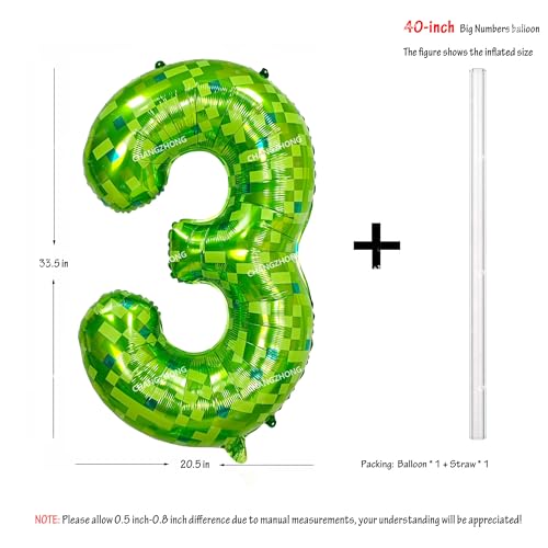 Image of 40 inch giant Green pixel miner game number 3 balloon | Large mining theme foil balloon 0-9 for pixel game parties children's birthdays party anniversary baby shower decoration
