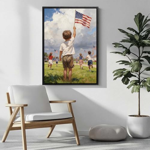 Image of American Flag Framed Canvas Wall Art, 4th of July Canvas Prints, Boy Holding USA Flag Patriotic Decorations, Modern Independence Day Wall Decor for Living Room Kids Room Dining Room Office 6x8
