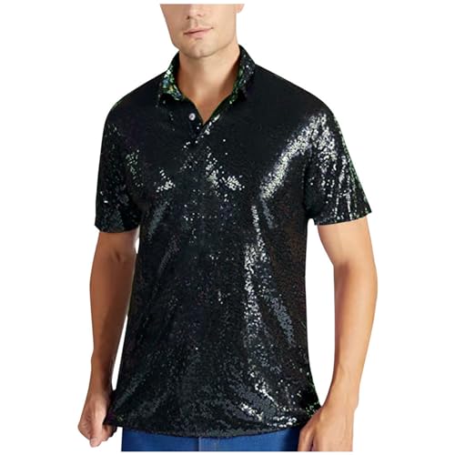 Vekewsap Polo de lentejuelas para hombre, brillante con purpurina, camiseta muscular, camiseta interior, disfraz de carnaval, disfraz de los años 70 y 80, verde, S