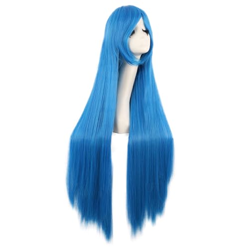 Image of MapofBeauty 40 Inch Oblique Bangs Anime Long Straight Wig, Mixed Light Blue