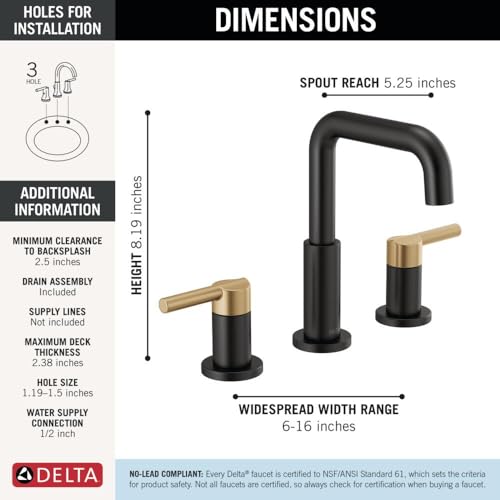 Image of Delta Nicoli Matte Black / Brushed Gold Faucet 3 Hole, 8 Inch Widespread Bathroom Sink Faucet for Vanity, Push-Pop Drain Assembly, Matte Black / Champagne Bronze 35849LF-GZ