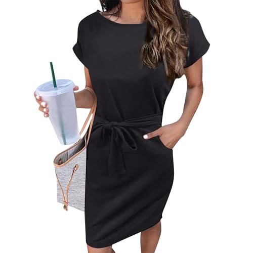Generic Work Striped Tshirt Dress Women Casual Tie Waist Crew Neck Short Sleeve Midi Office Dress Comfy Wrap T Shirt Dress