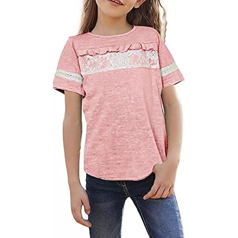 Oftalle Girl's Short Sleeve T Shirts Casual Lace Shirt Kids Loose Tunic Tops 3-10 Years Tee Blouse Pink Cover