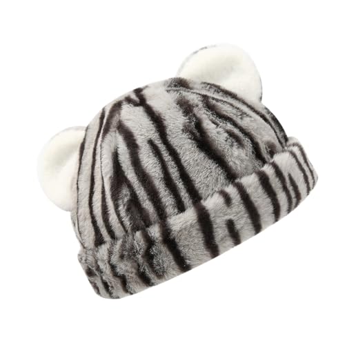 Fashion Animal Pattern Bear Ear Ushanka Hat for Various Head Size Winter Autumn Thickened Pullover Hat for Casual Travel Gray