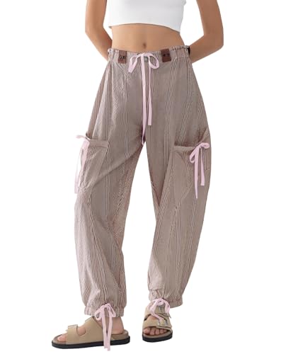 Women Striped Barrel Pants Drawstring Casual Baggy Boyfriend Y2K Streetwear Parachute Pants with Pockets