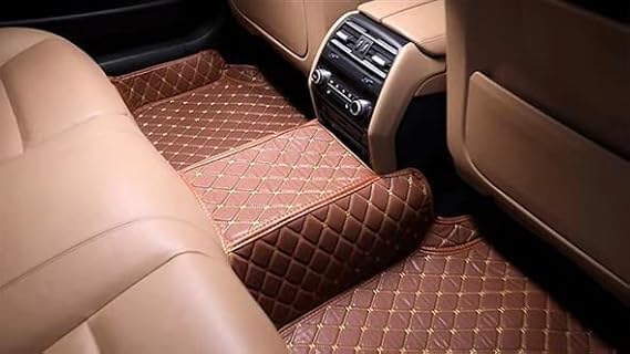 Image of 7D Car Floor Mat Compatible for Hyundai Alcazar Facelift 6 Seater (2024 to 2025)|Luxury Leather with Grass Car Foor Mat| Waterproof & Washable|Complete Set |Color-Tan With Coffee Grass