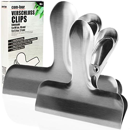 com-four® 10-teiliges Set Verschlussklammern, Verschlussclips für Lebensmittelbeutel & Tüten, Edelstahl-Verschlussklemmen, Tütenclips zum Verschließen & Frischhalten (10 Stück - silberfarben - Mix)