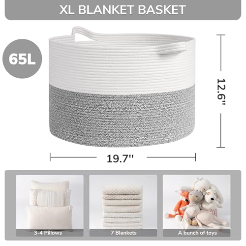 Image of INDRESSME Large Blanket Basket, Laundry Toy Storage Baskets, Decorative Woven Basket for Living Room & Nursery, Baskets for Gifts Empty, Laundry, Dog Toys, Towels, Light Grey, 19.7 inch D x 12.6 inch H