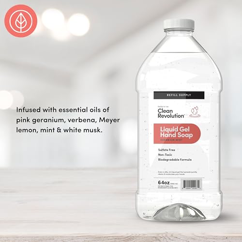 Image of Clean Revolution Liquid Gel Hand Soap Refill with Real Essential Oils - Sulfate-Free Gel Hand Wash, Moisturizing Bulk Refill, Non-Toxic Formula, Made in the USA (Geranium Mint) 64 Fl Oz