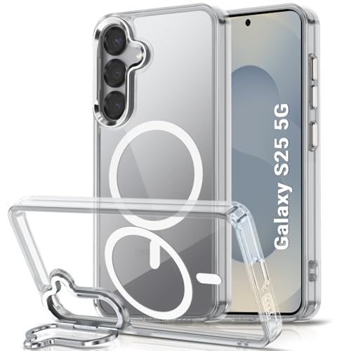 Image of TheGiftKart Hybrid Back Cover Case for Samsung Galaxy S25 5G | Built-in Stand | Shockproof Hard Case Cover for Samsung Galaxy S25 5G (PC & TPU, Clear Back, MagSafe Compatible, Transparent Sides)