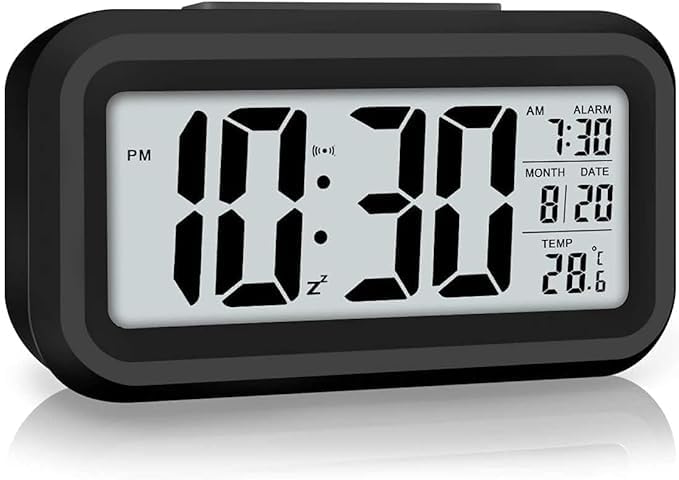 Sukee Digital Smart Operated Digital Clock | Alarm Table Clock with Automatic Sensor | Digital Alarm Clock for Bedrooms | Date & Temperature (Black)