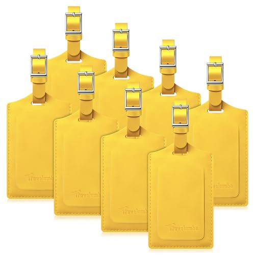 Image of Travelambo 8 Pack Luggage Tags Faux Leather for Suitcases Travel Bag Labels Travel Accessories Essential with Protection Cover ID, Yellow, One Size, Classic, Vibrant, Functional