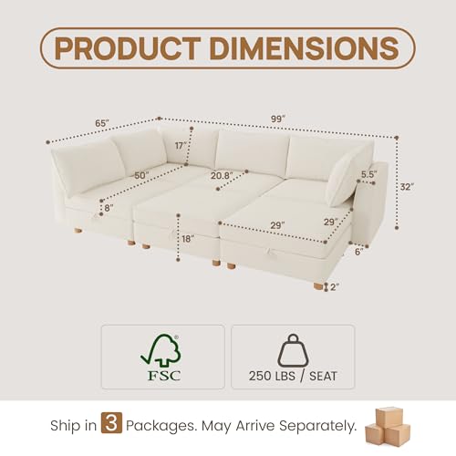 Image of 99 inch Modular Sectional Sleeper Sofa Bed with Storage & Washable Covers, 6-Seater Chenille Modular Sofa Bed with Movable Ottoman Chaise, Convertible Sleeper Sectional Couches for Living Room, Beige