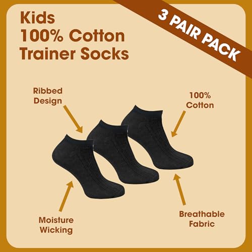 Kids 3 Pack 100% Cotton Sneaker Socks | Sock Snob | Short Low Cut Ankle Socks (13-4, Black)3