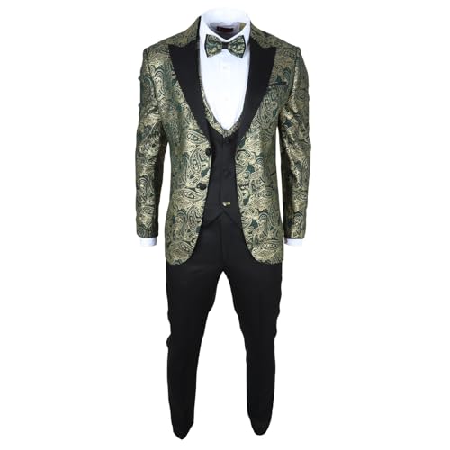 Men's Suit 3 Piece Green Paisley Tailored Fit Wedding Tuxedo