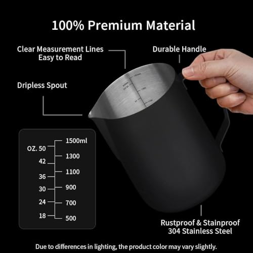 Image of watchget 50oz Milk Frothing Pitcher Stainless Steel Espresso Steaming Jug | Clear Internal Scale, Milk Coffee Cappuccino Latte Art Barista Steam Pitchers,Barista Coffee Bar Accessories, 1500ml, Black