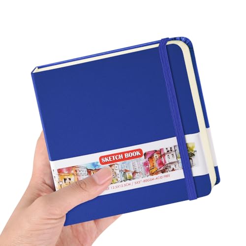 Image of 5x5 Pocket Sketch Book,80gsm Hardcover Art Sketchbook for Drawing Journal | PU Cover,Blank Paper,96Sheets /192Pages,Lay-Flat,Portable Travel Creation Paint Diary Memo Planner,Dry Media.Sapphire Blue