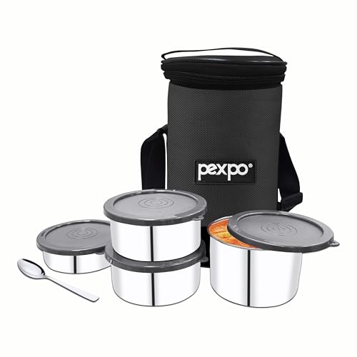 Image of Go24 pexpo Marvel-4 Stainless Steel Meal Box with 4 Containers(2 * 280ml, 200ml, 430ml), 1 Spoon & Bag - Black |BPA Free Lid | Leak Proof | Lunch Box for Office Men and Women