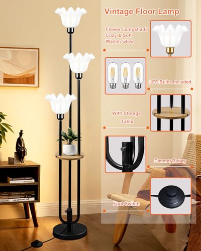 Image of Lightdot Flower Floor Lamp for Living Room Dimmable Vintage Floor Lamp with Shelf & Bulbs Included Mid Century Black Floral Standing Tall Lamp with 5Lbs Heavy Base for Bedroom /Sofa Beside /Corner Decor