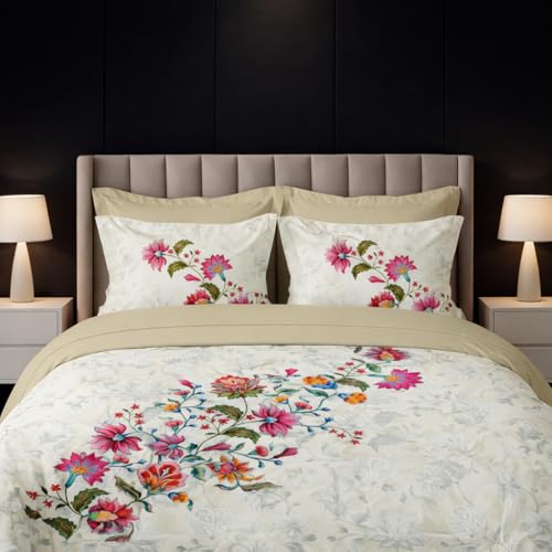 Image of LANE LINEN 100% Cotton Printed King Size Bedsheet - Pink Flowers | OEKO-Tex Certified, 250TC, Fits King & Double Bed, Floral Print, Breathable & Wrinkle-Free, Includes 2 Pillow Covers