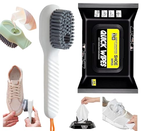 Image of BEYOND BASIC 2 in 1 Soap Dispensing Cleaning Brush and 80 Pcs Sneaker & Shoe Cleaner Wipes Combo Reusable Shoe Scrubbing Washing kit set Remove Dirt Stains Clothes Quickly