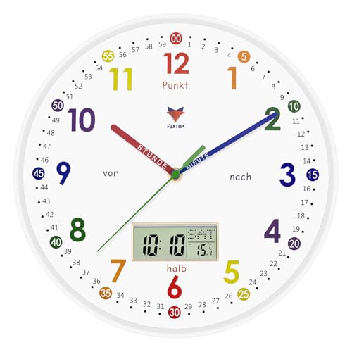 Foxtop Lernuhr Kinder - Lernuhr ohne Tickgeräusche - LCD-Display -Analoge Kinderuhr zum Lernen und Üben der Uhrzeit - Dekoratives Kinderzimmer,30 cm