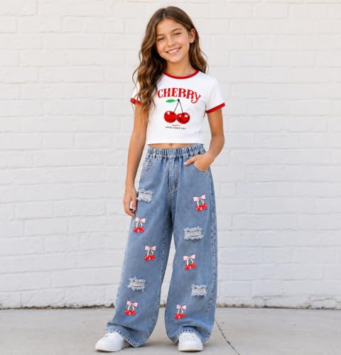 Image of Azmxynol Tween Girl Clothes Short Sleeve Top + Butterfly Design Jeans 2 Pieces Spring Summer Outfit Set, Size 6-14 Years