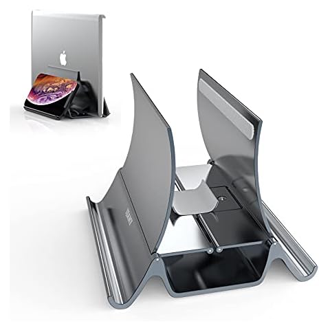 Vertical Laptop Stand, IJIAMY 3 in 1 Mechanical Gravity Sensor Macbook Stand, laptop holder with 2 Stand, Space-Saving Macbook Pro Stand for All MacBook, Surface, Ipad, Notebooks Up to 17″ inch Cover