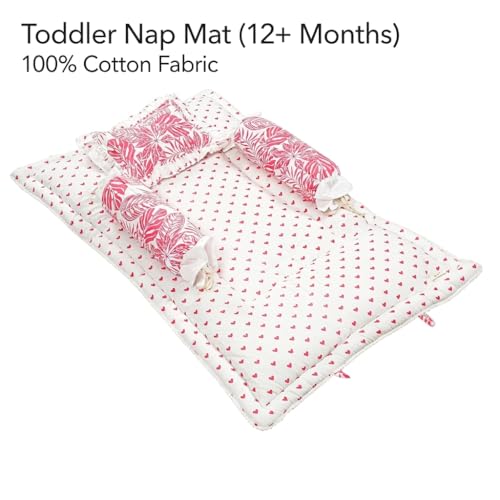 Image of NWF Premium Cotton Toddler Bedding Set, Pink Leaf Print, 26x40 Inch, Foldable Nap Mat, Lightweight, Travel Friendly, 4 Piece, 12+ Months