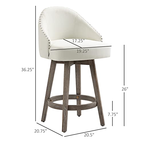 Homcom 26" Counter Height Bar Stools, Linen Fabric Kitchen Stools With Nailhead Trim, Rubber Wood Legs And Footrest For Dining Room, Counter, Pub, Set Of 2, Cream White #TOP2
